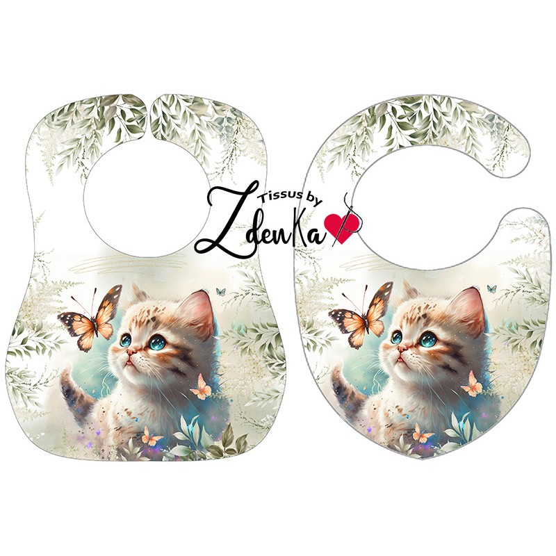 Panneau coton bavoirs petit chat floral vert