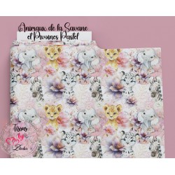 Tissu Coton Animaux de la Savane et Pivoines Pastel