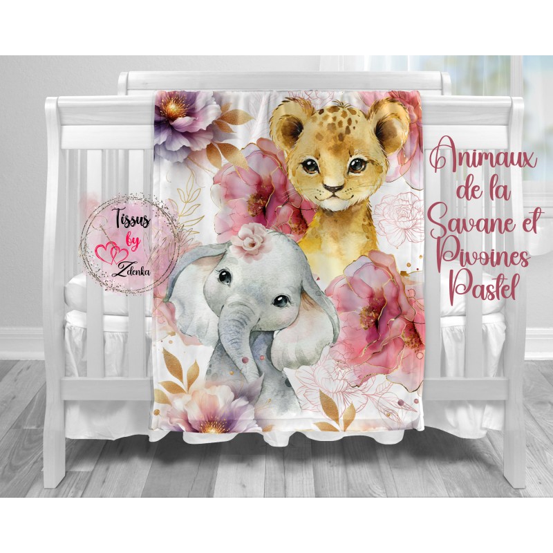 Panneau coton pour couverture bébé Animaux de la Savane et Pivoines Pastel