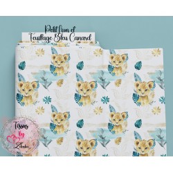 Tissu coton Petit Lion et Feuillage Bleu Canard