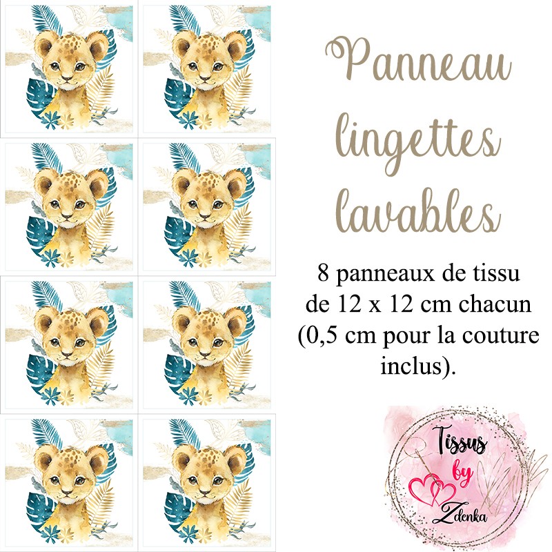 Panneau tissu pour lingettes lavables Petit Lion et Feuillage Bleu Canard