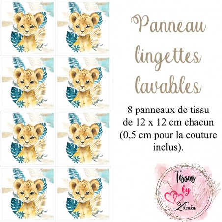 Panneau tissu pour lingettes lavables Petit Lion et Feuillage Bleu Canard