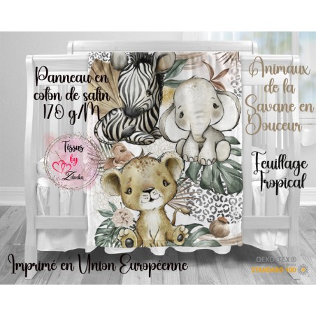 Panneau pour couverture bébé Animaux de la Savane en Douceur - Feuillage Tropical en coton de satin 170 g/M