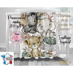 Panneau pour couverture bébé Animaux de la Savane en Douceur - Feuillage Tropical en minky 260 g/M