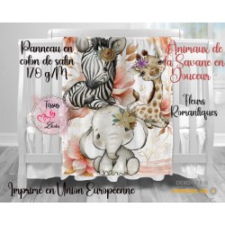 Panneau pour couverture bébé Animaux de la Savane en Douceur -  Fleurs Romantiques en coton de satin 170 g/M