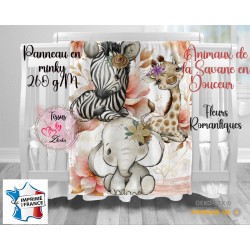 Panneau pour couverture bébé Animaux de la Savane en Douceur -  Fleurs Romantiques en minky 260 g/M