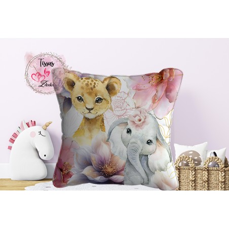 Panneau coton pour coussin Animaux de la Savane et Pivoines Pastel