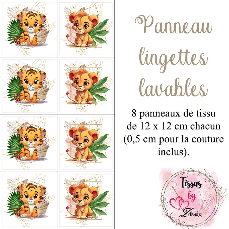 Panneau tissu pour lingettes lavables Petit Lion et Tigre