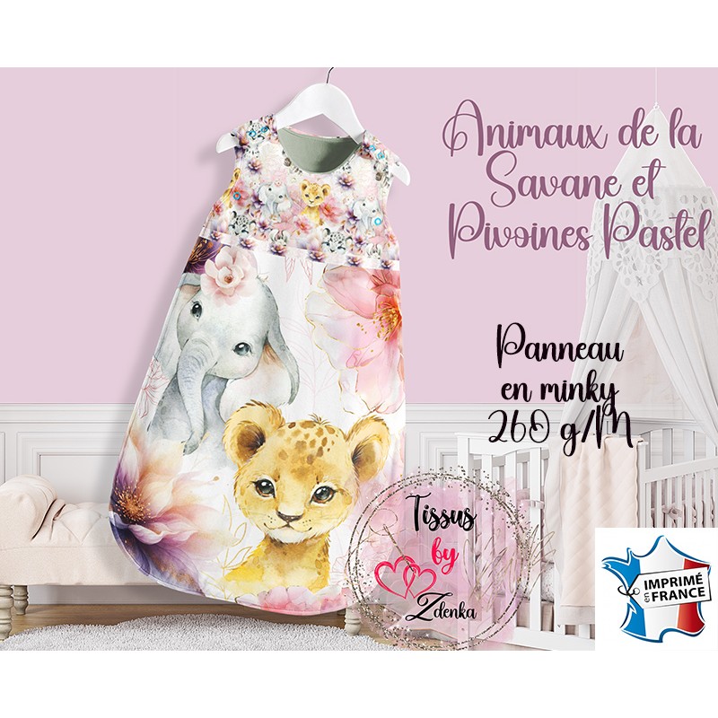 Panneau Minky pour la Gigoteuse de Bébé Animaux de la Savane et Pivoines Pastel