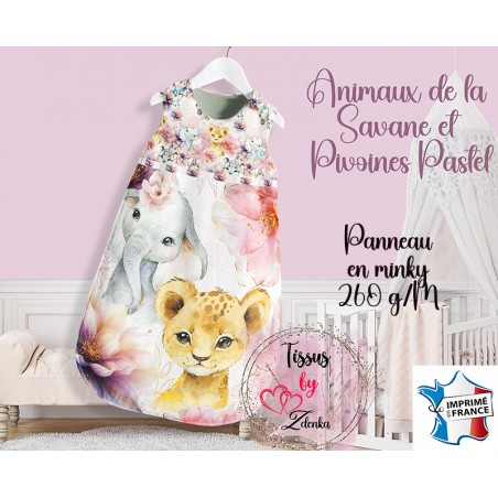 Panneau Minky pour la Gigoteuse de Bébé Animaux de la Savane et Pivoines Pastel