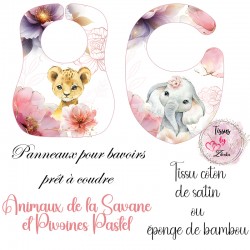 Panneau tissu pour bavoirs bébé Animaux de la Savane et Pivoines Pastel