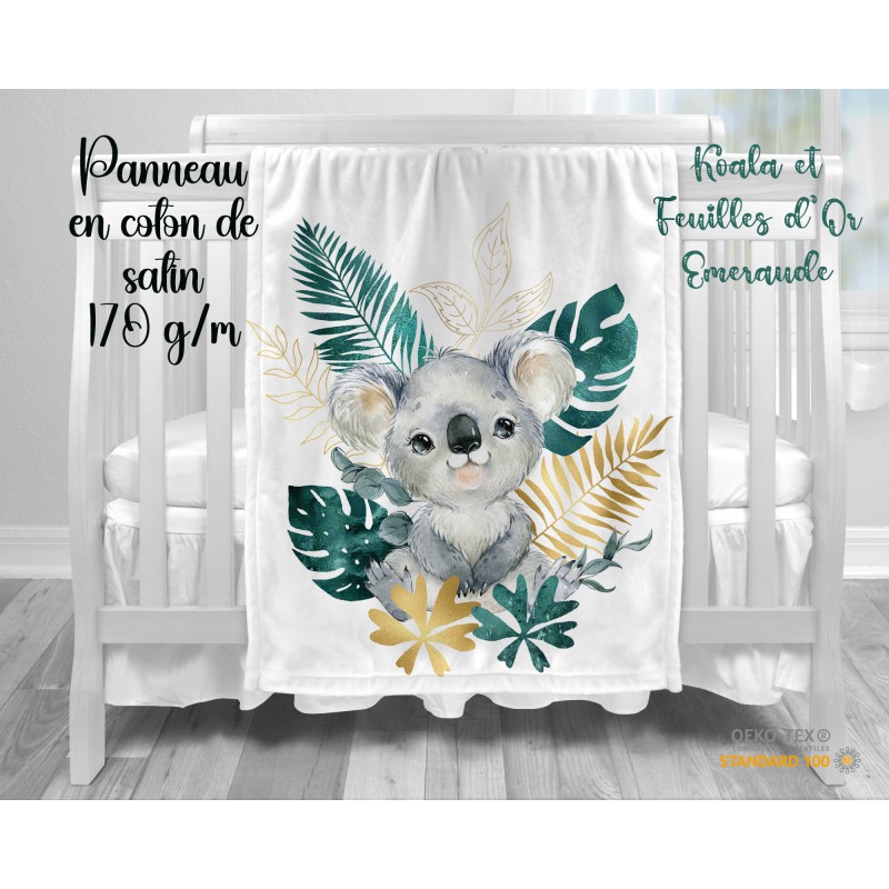 Panneau pour couverture bébé Koala et Feuilles d'Or Emeraude , en coton de satin