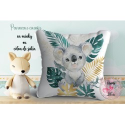 Panneau coton coussin Koala et Feuilles d'Or Emeraude