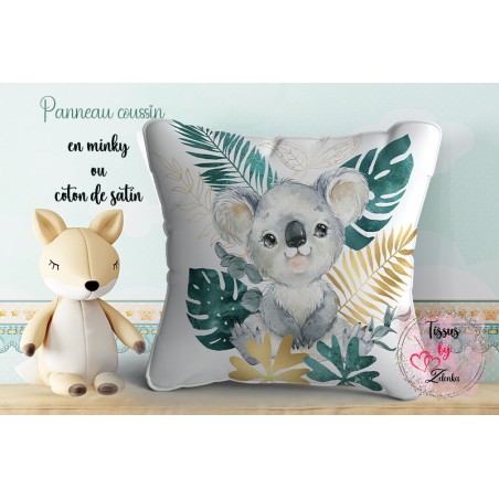 Panneau coton coussin Koala et Feuilles d'Or Emeraude