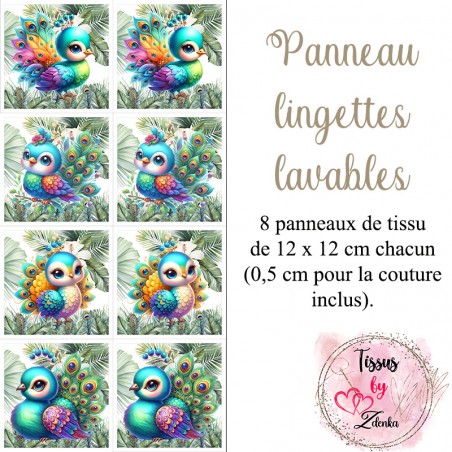 Panneau tissu pour lingettes lavables Paon Tropical Émeraude