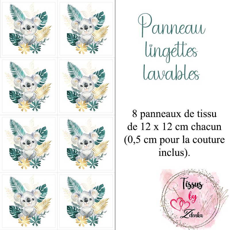 Panneau tissu pour lingettes lavables Koala et Feuilles d'Or Emeraude