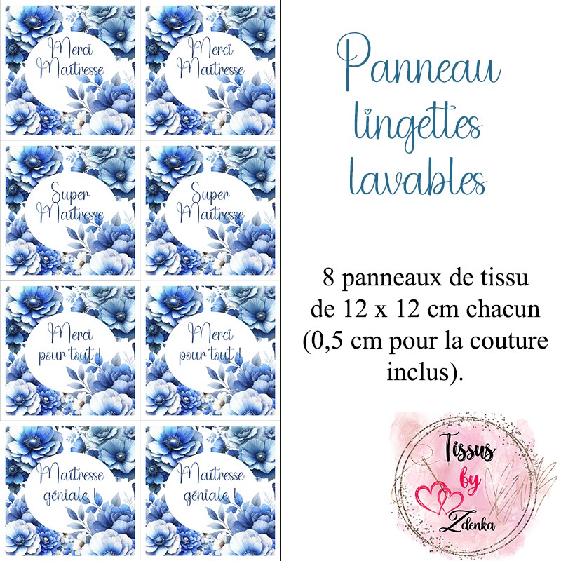 Panneau tissu pour lingettes lavables Fleurs bleues pour Maîtresse